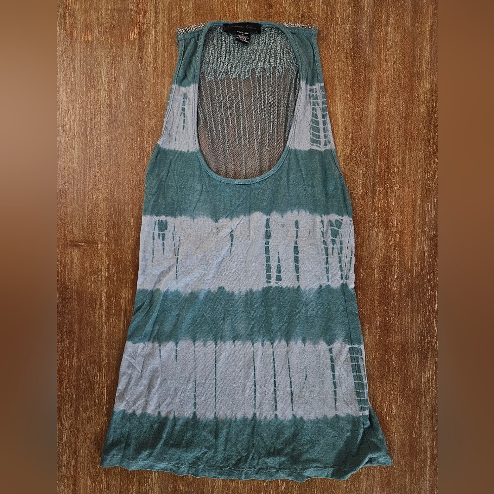 Tie-Dye Sleeveless Tank Top - Green and Gray With Beads Size M Womens Boho Top